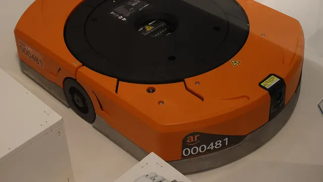 A mobile robot in an Amazon warehouse